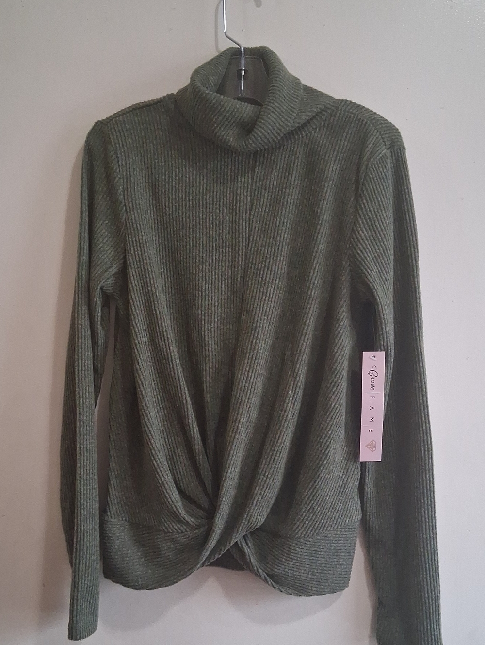 NWT Crave Fame Olive Green Ribbed Turtleneck Twist-Front Sweater M